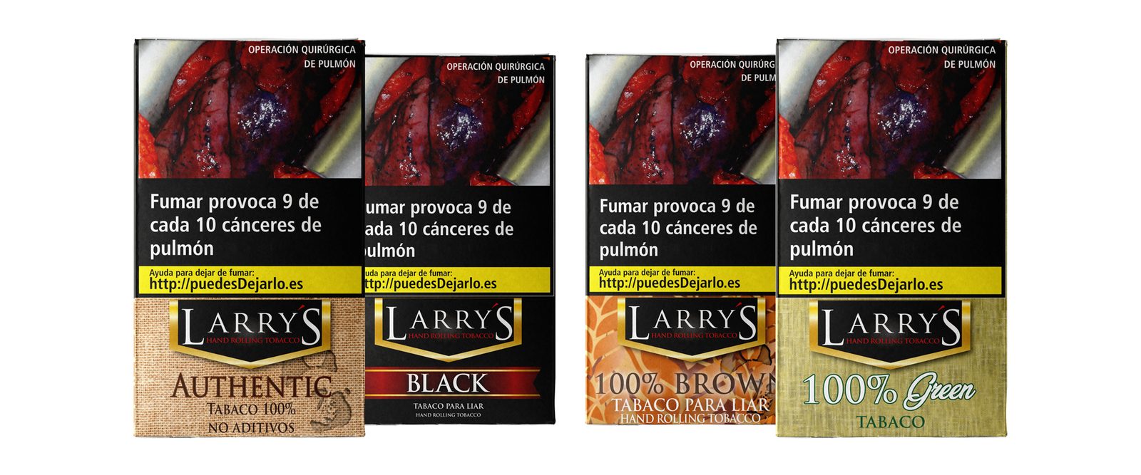 Cuatro bolsas de tabaco de liar Larry's: Authentic, Black, 100 % Brown y 100 % Green, con sus advertencias sanitarias