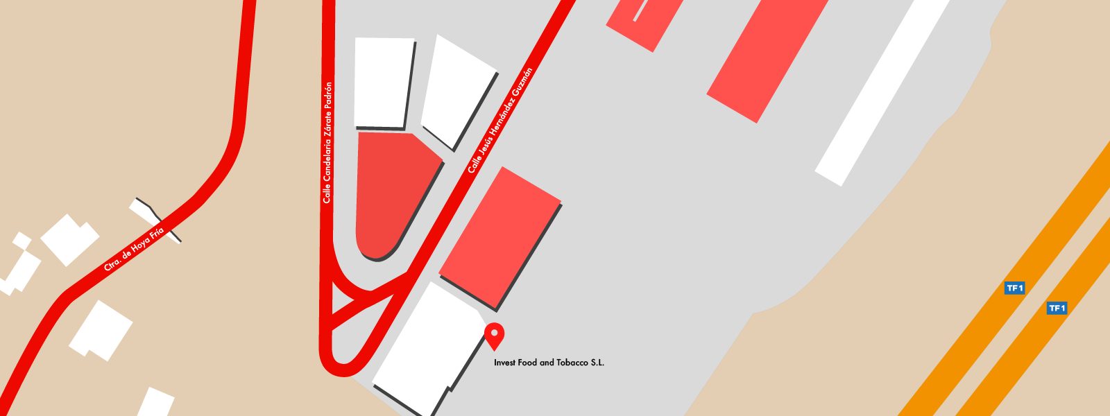 Plano de situación de Invest Food and Tobacco en la calle Jesús Hernández Guzmán, junto a la autopista TF-1